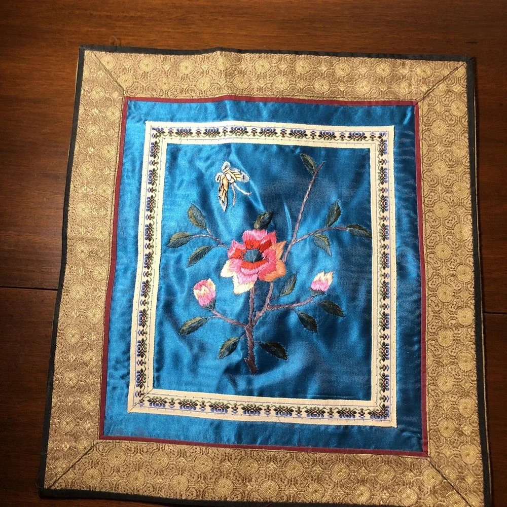 Vintage Tapestry Oriental Silk Embroidery Butterflies and Flowers 10.5 x 11.25